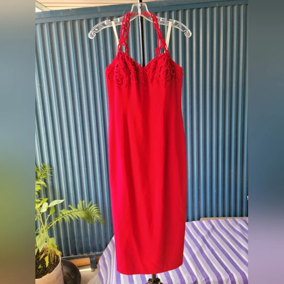 Jackie K Red Strapless Sleeveless Red Sheath Dress Back Slit Size 8 - Picture 2 of 12